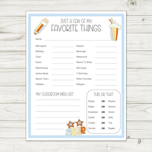 Teacher Favorite Things Questionnaire, Teacher Favorites Survey, Meet The Teacher Form, Back To School List, Printable Download PDF