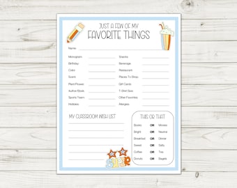 Teacher Favorite Things Survey: Printable Questionnaire (PDF)