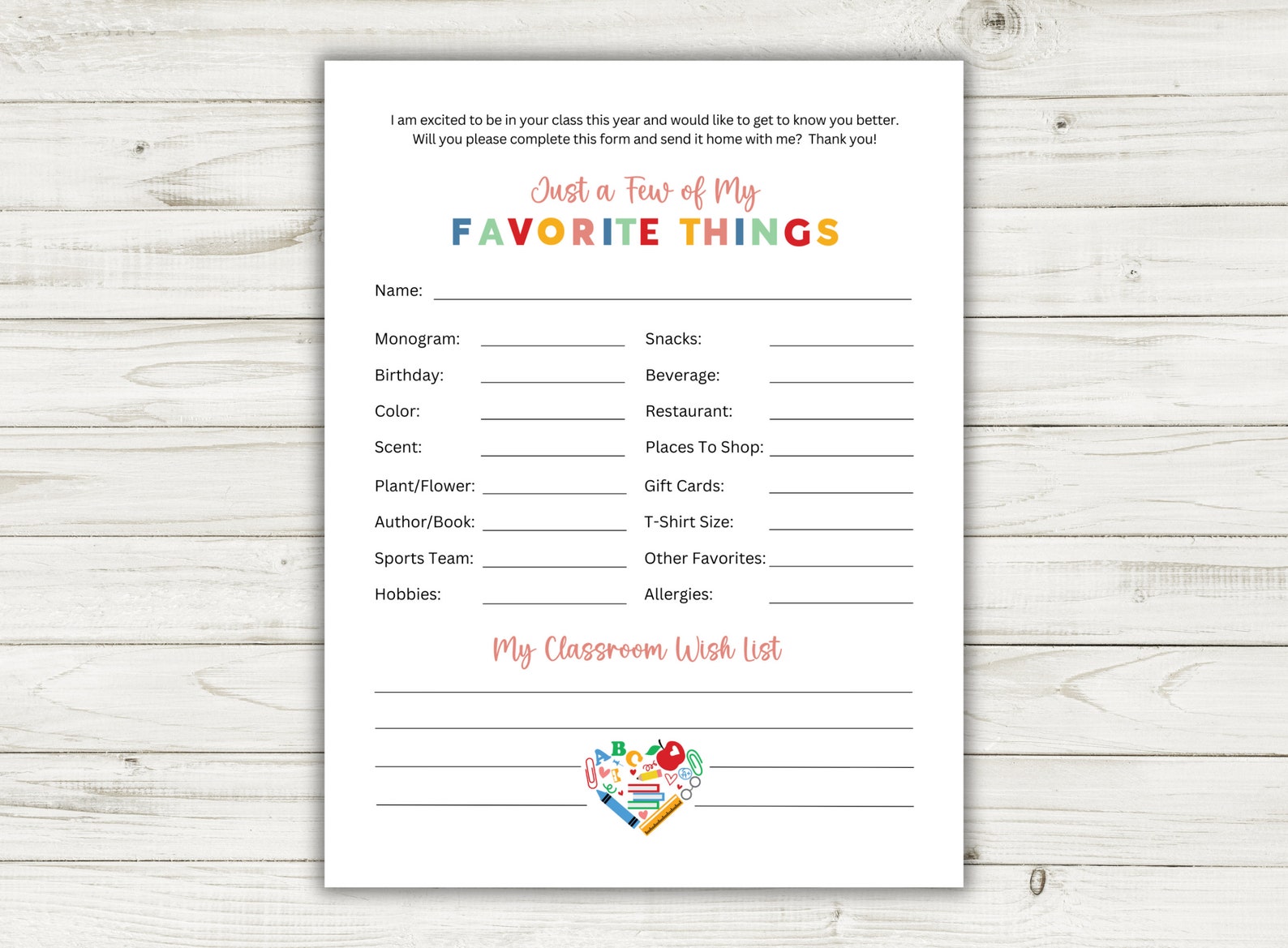 Teacher Favorite Things Survey Printable (PDF) - Etsy