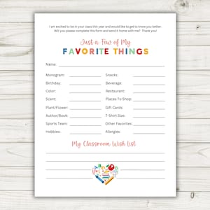Teacher Favorite Things Survey Printable, All About My Teacher Form, Back to School Ideas, Teacher Questionnaire, Instant Download PDF