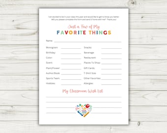 Op de afbeelding: Een printbaar formulier voor de klas met de titel "Just a Few of My Favorite Things" om leerlingen te leren kennen. Het formulier bevat vragen over favoriete snacks, dranken, restaurants, winkels, cadeaubonnen, T-shirtmaten en meer.
