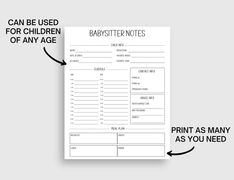 Babysitter Planner Printable, Instant Download PDF, Nanny, Babysitter ...
