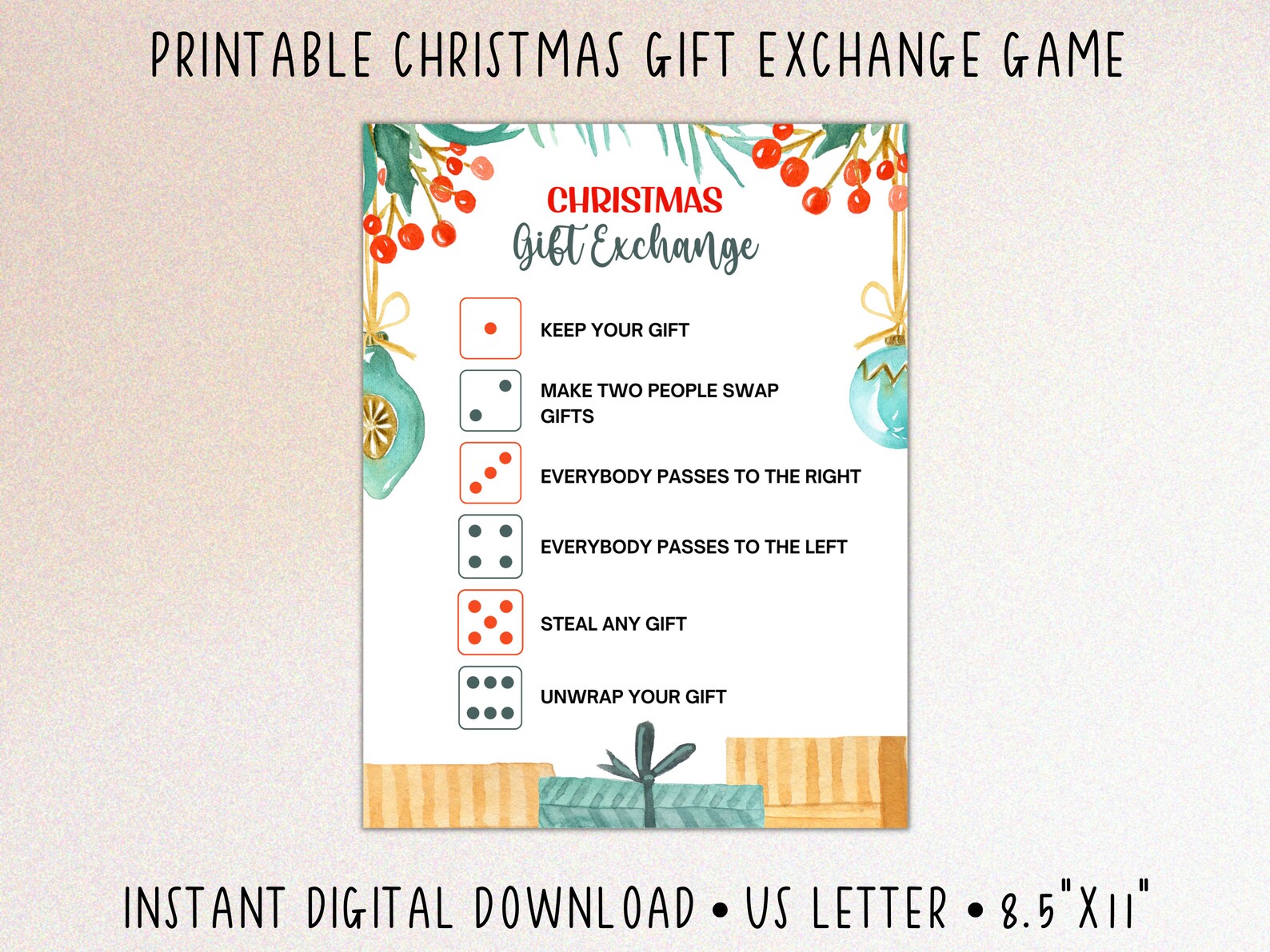 Roll the Dice Christmas Gift Exchange Game, Christmas Printable Games