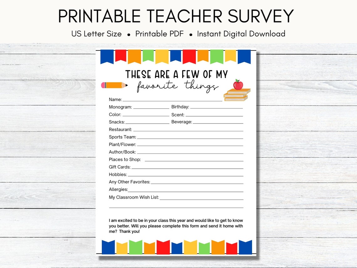 Teacher Favorite Things Survey, Printable Instant Download, Teacher 