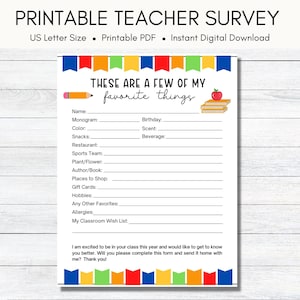 Teacher Favorite Things Survey Printable Instant Download Teacher