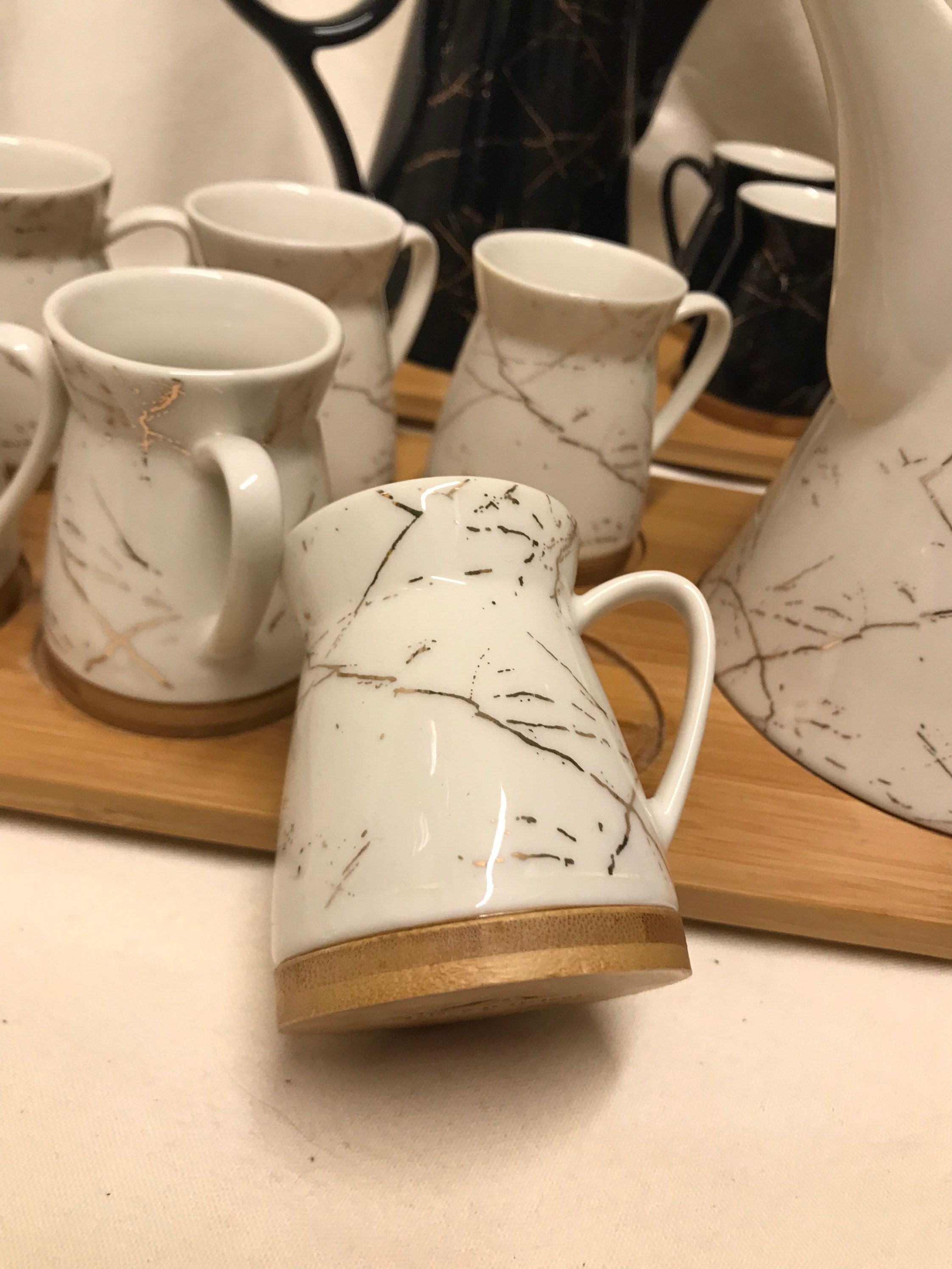 Service à Thé ou Café avec Théière/Cafetière Céramique et Bambou Effet Marbre