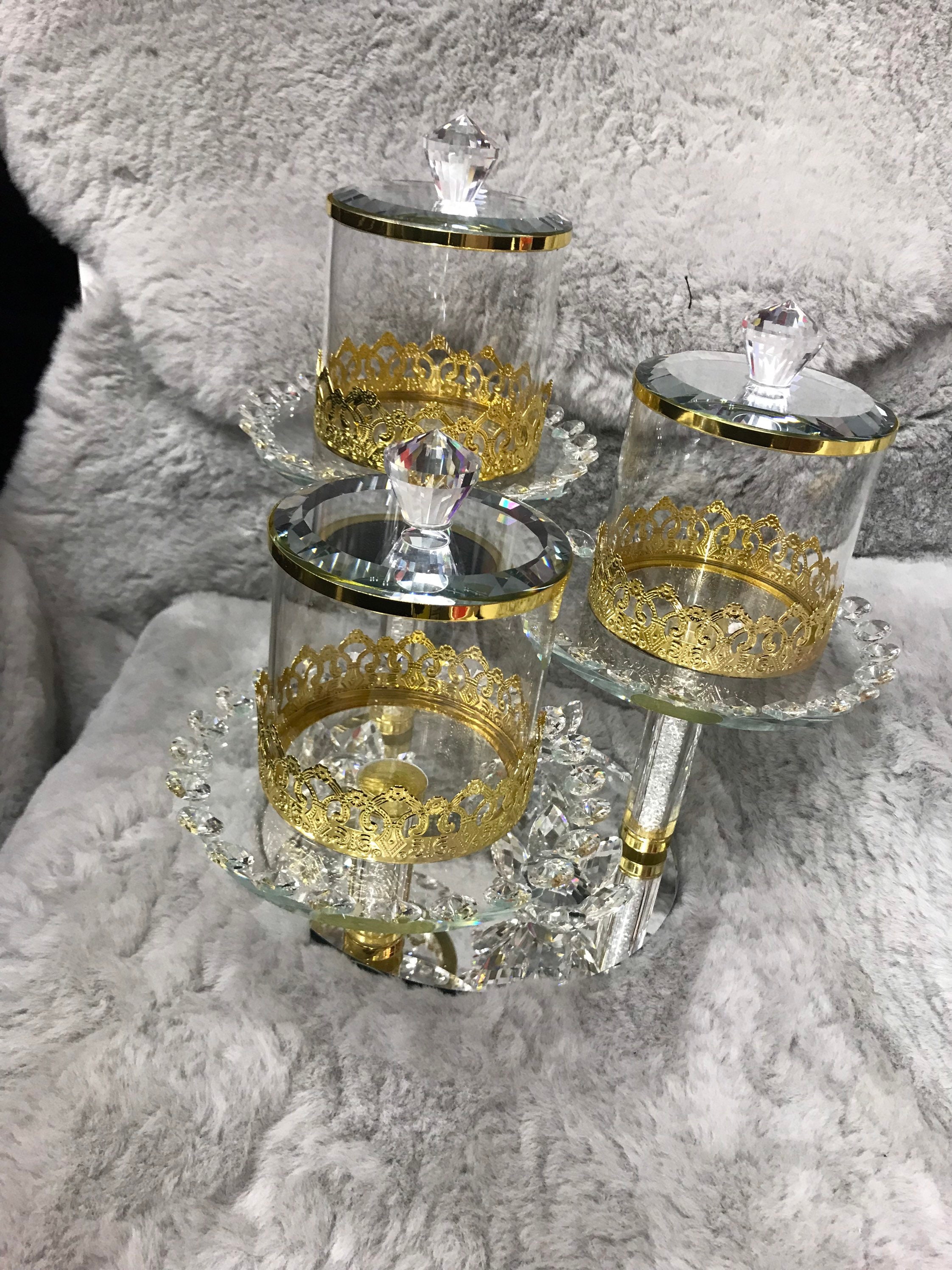 Présentoir Trois Bocaux en Verre, Déco Crystal et Métal Doré