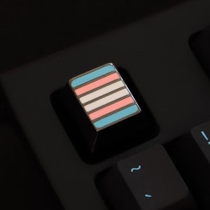 以下が含まれることがあります： トランスジェンダーのプライドフラッグのデザインが施されたカスタムキーボードキーキャップ。キーキャップは長方形で、水色、ピンク、白、ピンク、水色のストライプ模様です。黒いキーボードにセットされています。