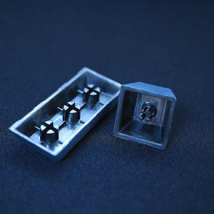 May include: Close-up of two detached, silver-colored keyboard key components. One is a rectangular base with three black posts, and the other is a square keycap. The components are set against a dark blue background.