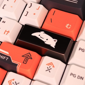 Puede incluir: Un teclado blanco y negro con teclas naranja y blancas. Las teclas tienen varios símbolos y caracteres, incluidos los caracteres japoneses "け" y "む". Una tecla presenta un gato de dibujos animados sobre un fondo negro.