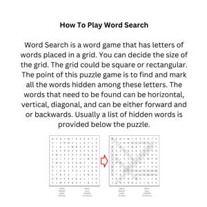 May include: Image showing instructions on how to play a word search puzzle. The text explains the rules of the game, including finding words horizontally, vertically, or diagonally. Two word search grids are shown as examples.