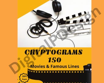 May include: A yellow background with a black and white film strip, a black film canister, and a pair of black headphones. The text "CRYPTOGRAMS 150 Movies & Famous Lines" is in black text on a white background. The text "20Pt Font" is in black text on a white background.