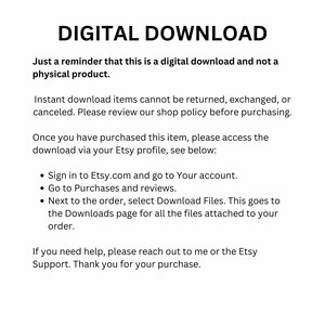 May include: White background with the words "DIGITAL DOWNLOAD" in large, bold, black font. The text below explains that this is a digital product, not a physical one, and provides instructions on how to access the download after purchase.
