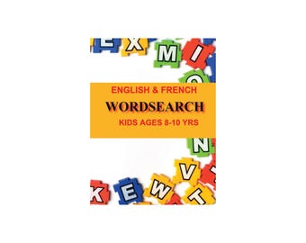Puede incluir: Un fondo blanco con piezas de rompecabezas de letras de colores esparcidas alrededor de un libro. El libro tiene una pancarta amarilla con el texto "ENGLISH & FRENCH WORDSEARCH KIDS AGES 8-10 YRS".