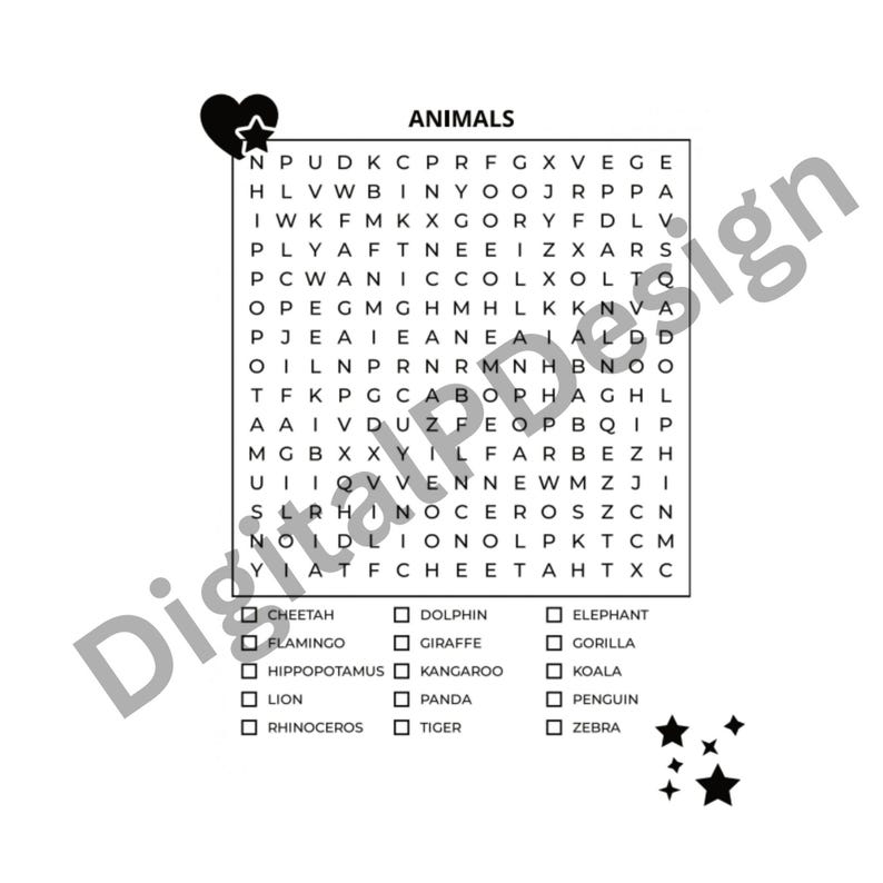 May include: A black and white word search puzzle with the title "ANIMALS" at the top. The puzzle includes a list of animals to find, such as cheetah, flamingo, and rhinoceros. Decorative stars and a heart are in the corners.