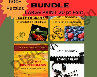 May include: A bundle of 500+ large print cryptogram puzzles with a 20pt font. The puzzles are divided into four categories: Vegetables & Their Origins, 150 Fruits & Their Origins, Famous Artists & Painters, and Famous Films.