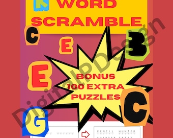 May include: A yellow starburst with black outlines and the text "BONUS 100 EXTRA PUZZLES" in red and black letters. The starburst is surrounded by large colorful letters, including a red "E", a black "C", a yellow "G", and a black "B". The text "KWORD SCRAMBLE" is in yellow and black letters on a yellow background. The image also includes a section with a blank line and the text "PENCIL HUNTER CHAPTER TREAT" in black letters.