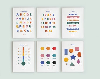 May include: Set of six colorful educational posters for children. The posters feature the alphabet, numbers 1-20, days of the week, how you are feeling, colors, and shapes.