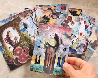 May include: A set of 10 colorful illustrated cards featuring whimsical characters and scenes. The cards are painted in a variety of styles, including watercolor and gouache. The cards are perfect for adding a touch of whimsy to any occasion.
