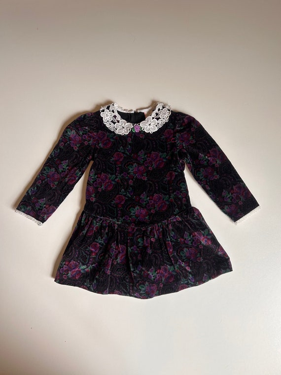 3T- 80’s Floral Velvet Purple Dress- Vintage Toddl