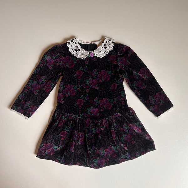 3T- 80’s Floral Velvet Purple Dress- Vintage Toddler Velvet Purple Floral Dress- 1980’s Toddler Dress