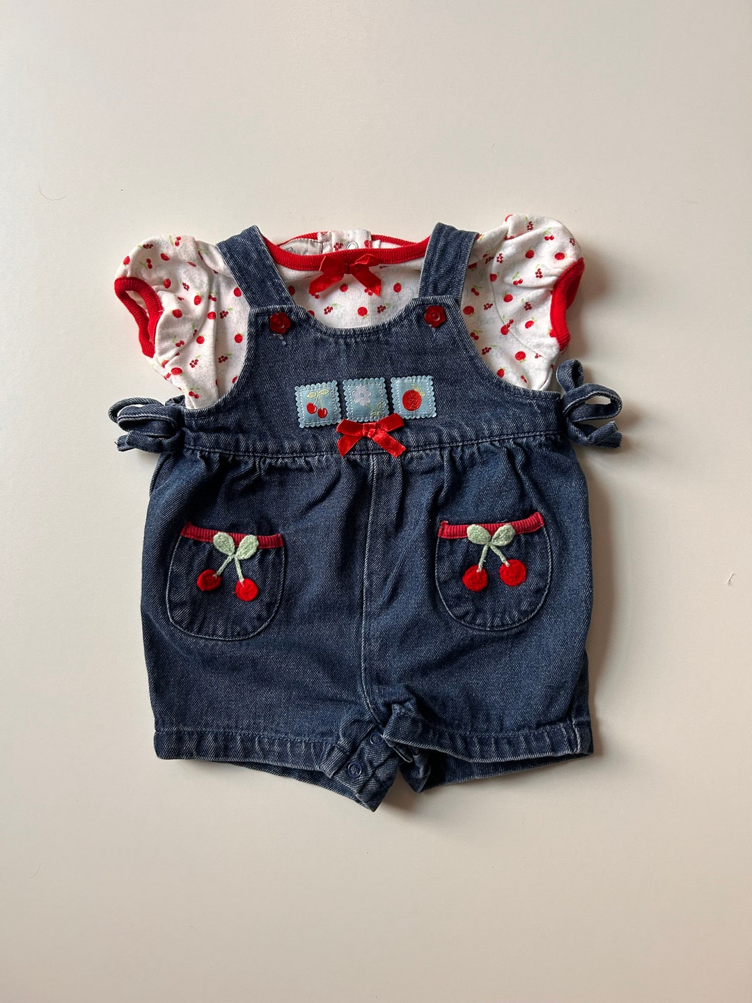 6mo Vintage Denim Cherry 2pc Set Outfit Vintage Baby Girl Cherry Fruit Outfit Overalls Etsy