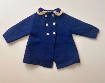 24 mo- Vintage Hand Knit Baby Girl Overcoat Royal Blue Knit Jacket Coat Winter Coat Christmas Holiday Outfit Overcoat Toddler