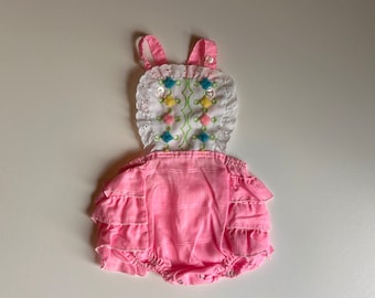 3-6 mo- Pink Ruffle Jumper-1980’s Baby Girl Pink Ruffle Overall Jumper