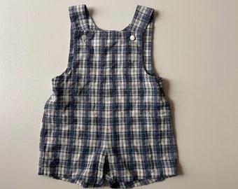 18mo- Blue Plaid Shortalls- Vintage Baby Overalls Shortalls- Baby Boy Outfit Overalls