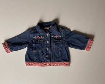 3mo- Floral Appliqué Denim Jacket- Vintage Baby Girl Chore Denim Jacket- Flower Jacket Denim Jean Jacket