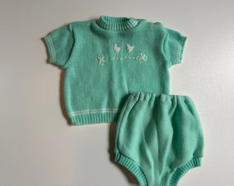 0-3 mo- Acrylic Teal Duck Outfit 2pc Set- Vintage Baby Embroidered Duck Outfit 2pc Set- 1970s Newborn Baby Outfit