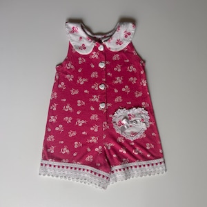 Size 4T- Vintage Pink Heart Floral Romper- Toddler Vintage 80s Pink Romper Lace Floral Heart Buttons Romper Jumper Girls Jumper