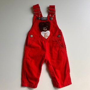 6 mo- Upcycled OshKosh Teddy Bear Overalls- Vintage Upcycled OshKosh Red Teddy Bear Patch Overalls