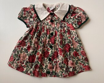 Size 5- Green Rose Floral Collared Dress- Vintage Girls Floral dress