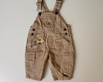 6-9 mo- Race Car Khaki Overalls -Vintage Race Car Khaki Baby Overalls