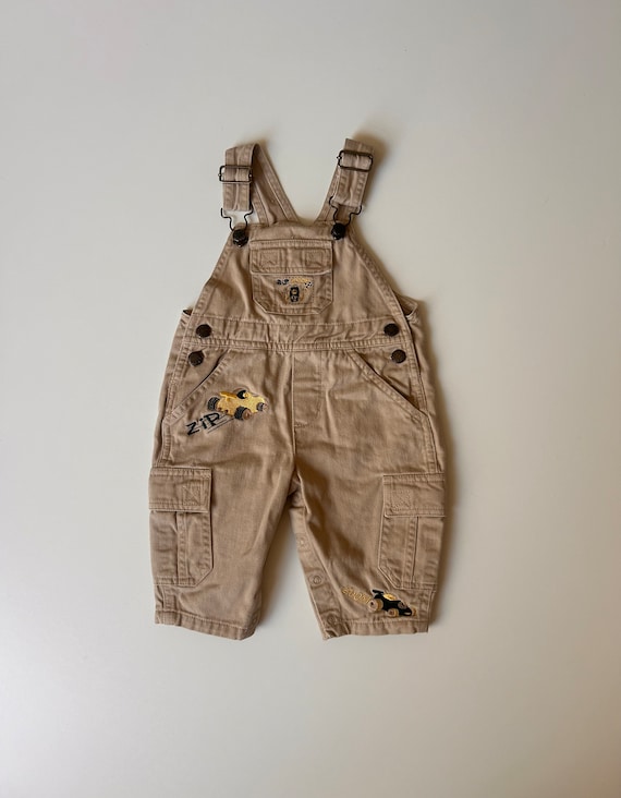 6-9 mo- Race Car Khaki Overalls -Vintage Race Car 