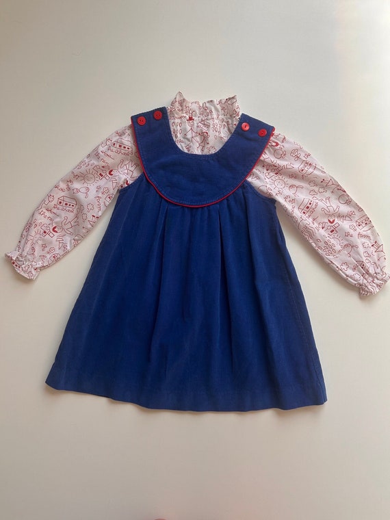 4T- Blue Corduroy 2pc Dress with School Print Blou