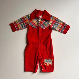 9-12 mo- Vintage Corduroy Elephant Jumpsuit Coveralls Romper Vintage Red 70’s Corduroy Elephant Plaid Rainbow Jumpsuit
