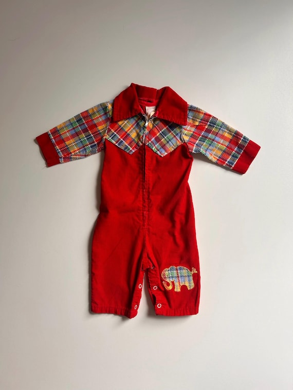9-12 mo- Vintage Corduroy Elephant Jumpsuit Coveralls Romper Vintage Red 70’s Corduroy Elephant Plaid Rainbow Jumpsuit