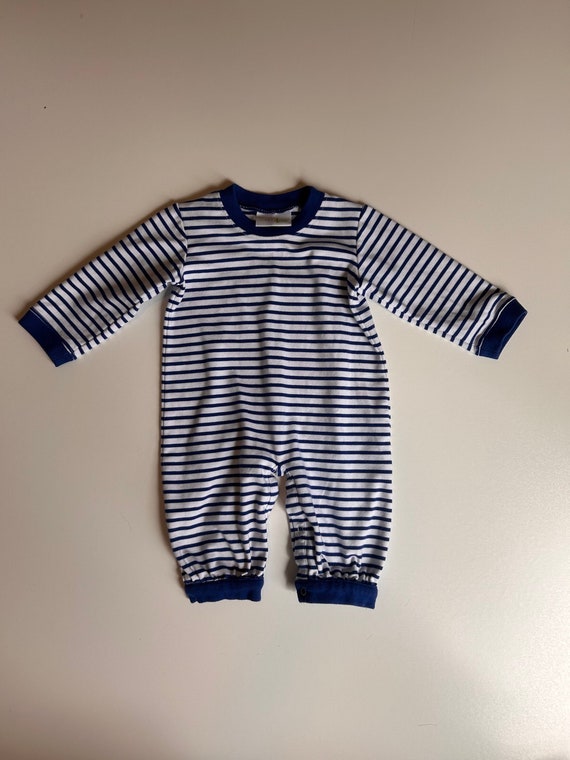 6-9 mo- Blue Stripe Romper- Baby Basic Blue Stripe