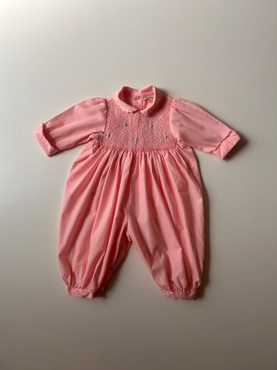 6-9 mo-Baby Pink Smocked Romper - Vintage Baby Gir