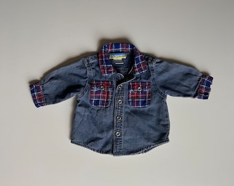 3-6 mo- Vintage Plaid Denim Baby Button Up Shirt- Denim Baby Button Up