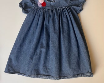 4T/5T- Toddler Denim Cotton Dress- Crochet Flower Denim Toddler Girls Dress