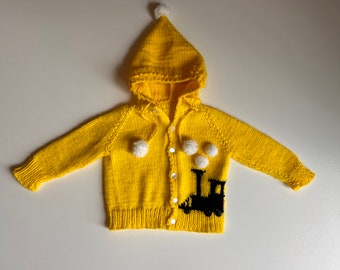 12-18 mo- Yellow Knit Train Sweater- Vintage Yellow Knit Train Sweater- Pom Pom Baby Sweater Vintage
