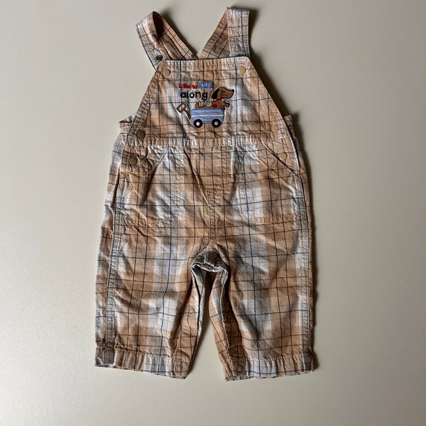 3-6 mo- Plaid Puppy Overalls Tag Along Puppy Dog- Vintage Plaid Baby Overalls