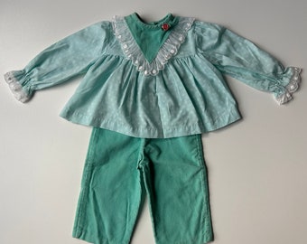 6-12 mo- Vintage Turquoise & Lace Collar 2pc Outfit Set- Baby Girl Vintage Corduroy Outfit 2pc Set