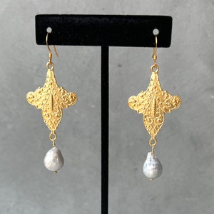 Regal Ornate Gold and Baroque Pearl Earrings