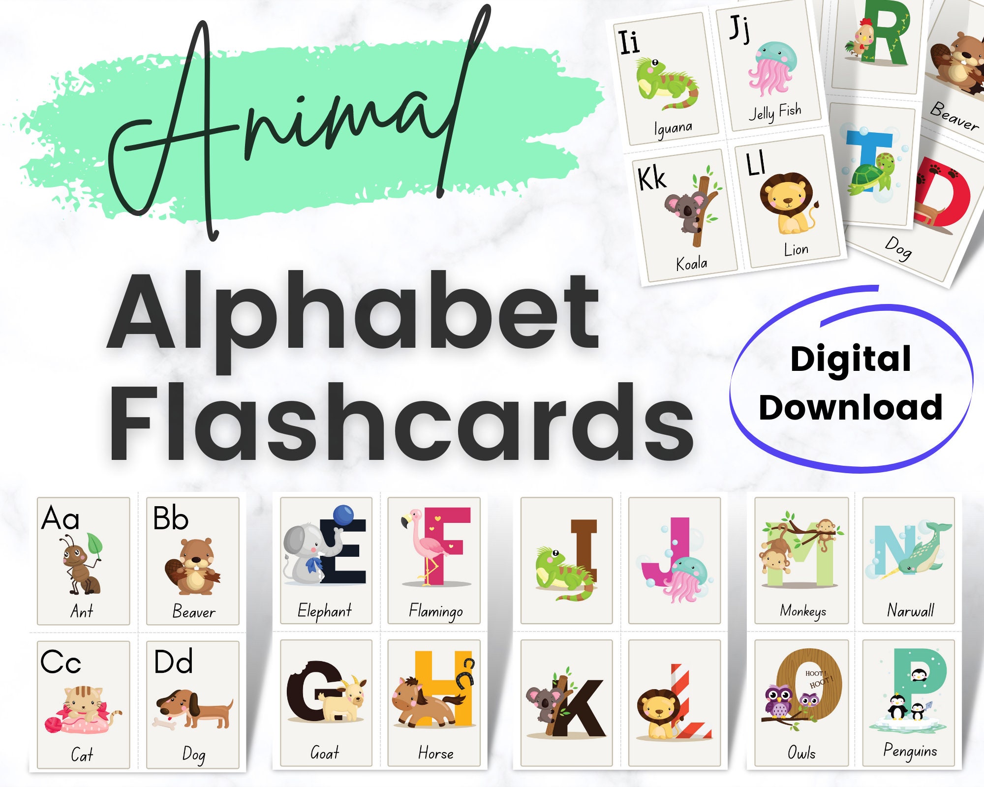 animal alphabet flashcards printable abc flashcards for etsy
