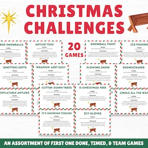 Op de afbeelding: Een set van 20 kerstspelkaarten met rode en groene randen. Elke kaart heeft een ander kerstthema-spel, zoals "Oranje sneeuwballen", "Gewei gooien" en "Sneeuwballengevecht". De kaarten zijn bedrukt met instructies voor elk spel.