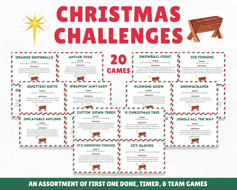 Op de afbeelding: Een set van 20 kerstspelkaarten met rode en groene randen. Elke kaart heeft een ander kerstthema-spel, zoals "Oranje sneeuwballen", "Gewei gooien" en "Sneeuwballengevecht". De kaarten zijn bedrukt met instructies voor elk spel.